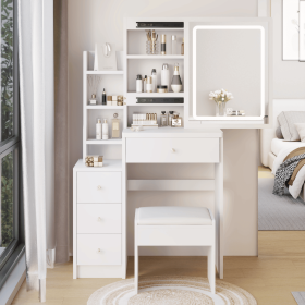 Small Size Left Bedside Cabinet Vanity Table + Cushioned Stool, Extra Large Touch Control Sliding LED Mirror, Tri-color Switching