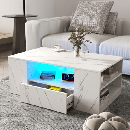 Modern Coffee Tables For Living Room, LED Coffee Table, Storage Coffee Table, Small Coffee Table, Wood Center Table With 2 Drawers And Open Side