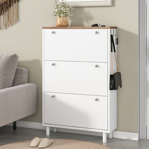 Narrow 3-Flip Drawer Shoe Cabinet Wood Grain Top Entryway Organizer Narrow 3-Flip Drawer Shoe Cabinet Wood Grain Top Entryway Organizer