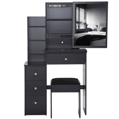 29.2 Small Space Left Bedside Cabinet Vanity Table   Cushioned Stool, Extra Large Right Sliding Mirror  Multi Layer High Capacity Storage, Practi