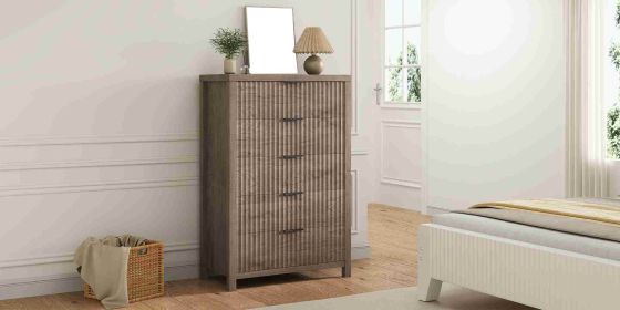5 Drawer Chest Embossed Stripe Retro Gradient Color Wooden Drawer Cabinet for Home (Option: as picture)