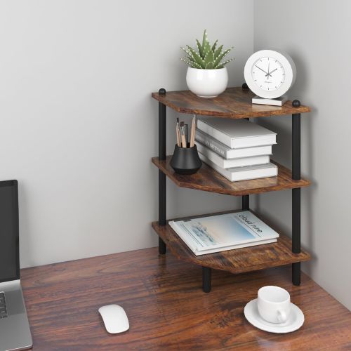 Desk Corner Shelves, Three-tier Corner Storage Shelves, Rustic Brown Shelves Suitable For Small Spaces, Suitable For Home Offices, Kitchens, Bath