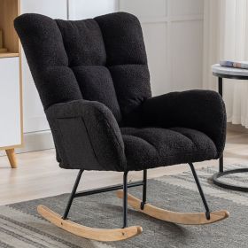 Rocking Chair With Pocket, Soft Teddy Fabric Rocking Chair For Nursery, Comfy Wingback Golider Rocking Chair With Safe Solid Wood Base For Living (Option: H08LY0119CBLACK)