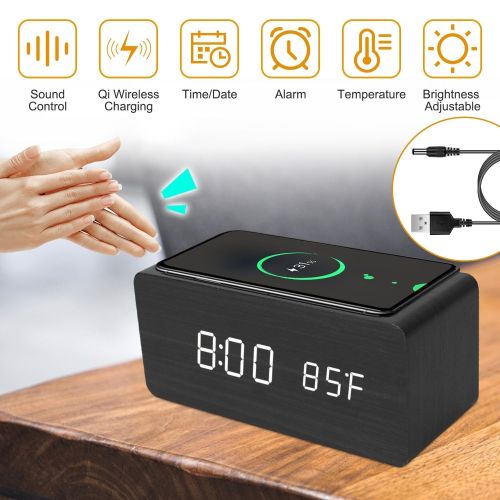 Digital Alarm Clock Qi-Wireless Charger Time Temperature Calendar Display Clock w/ Voice Control Brightness Adjustment Digital Alarm Clock Qi-Wireless Charger Time Temperature Calendar Display Clock w/ Voice Control Brightness Adjustment