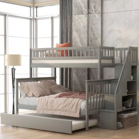 Twin Over Full Bunk Bed With Trundle And Staircase,Gray (Option: Gray)